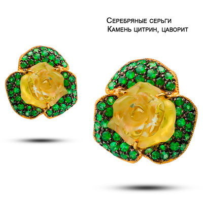 Серебряные серьги Камень цитрин, цаворит
